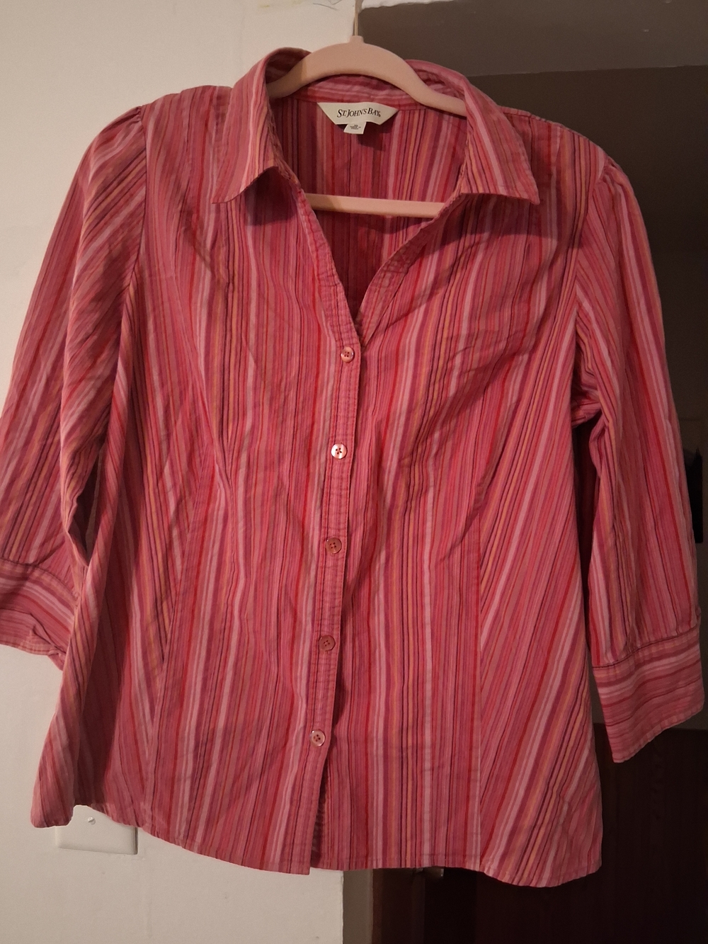 St. John's Bay Pink and Purple Striped Button-Down Shirt 3/4 Sleeves